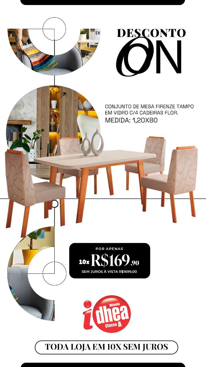 Conj. de mesa Firenze tampo em vidro