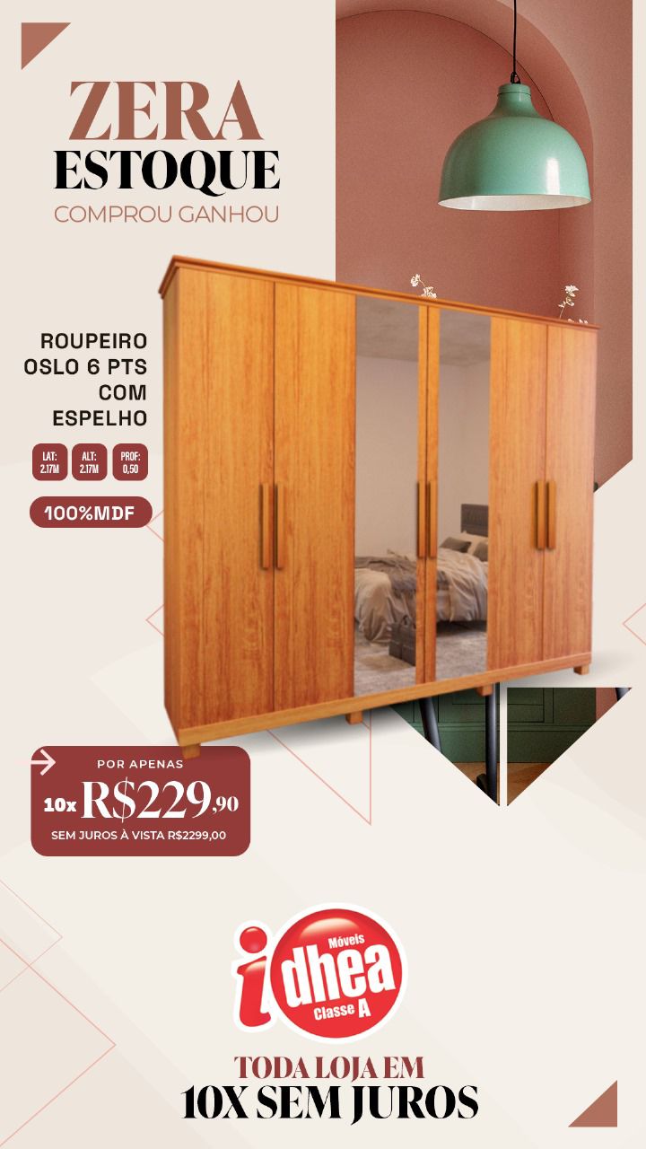 Roupeiro Oslo 6 pts c/ espelho 100% MDF